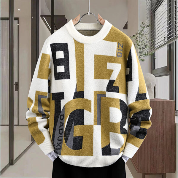 Men's Letter Jacquard Round Neck Loose Casual Sweater - Image 6