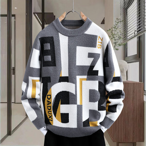 Men's Letter Jacquard Round Neck Loose Casual Sweater - Image 2