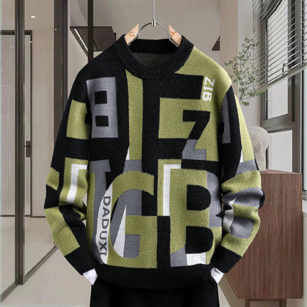 Men's Letter Jacquard Round Neck Loose Casual Sweater - Image 7