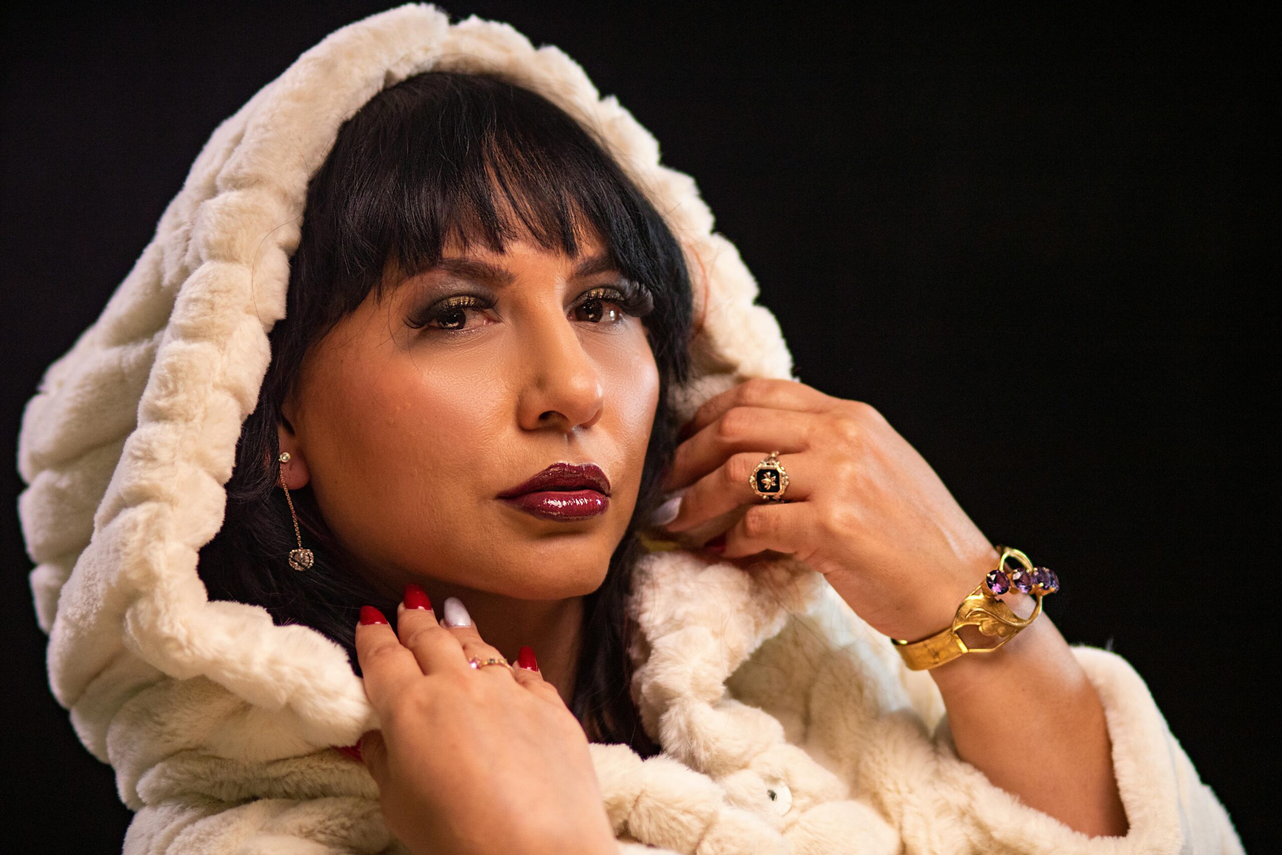 Stylish portrait of a woman in luxurious fur with accessories.